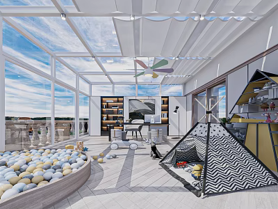 Bright Villa Balcony With Glass Roof Kids Play Area Ball Pit And Tent 3d model