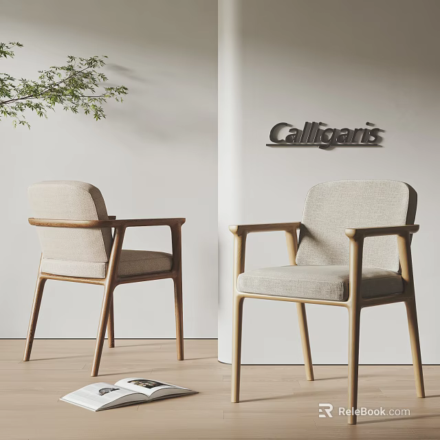 Calligaris Modern Armchair With Wooden Armrests Fabric Seat In Minimalist Interior With Green Plant 3d model 