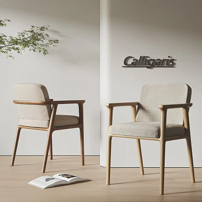 Calligaris Modern Armchair With Wooden Armrests Fabric Seat In Minimalist Interior With Green Plant 3d model