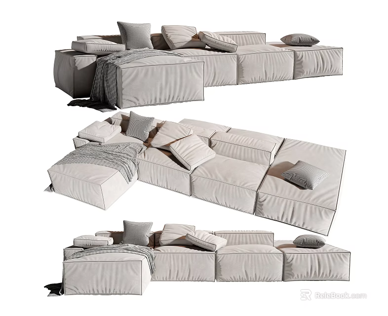 Light Colored Sectional Sofa With Modular Design Multiple Cushions And Pillows 3d model 