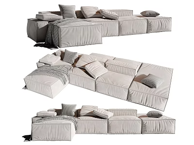 Light Colored Sectional Sofa With Modular Design Multiple Cushions And Pillows 3d model