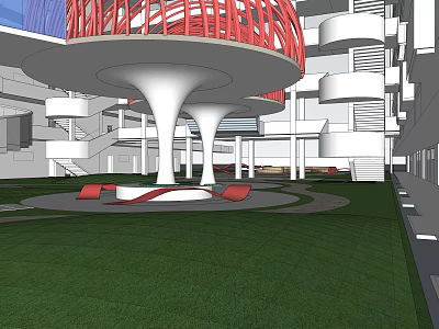 Modern Architectural Courtyard Garden Landscape With White Columns Red Canopy Green Lawn And Red Seats 3d model