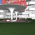 Modern Architectural Courtyard Garden Landscape With White Columns Red Canopy Green Lawn And Red Seats