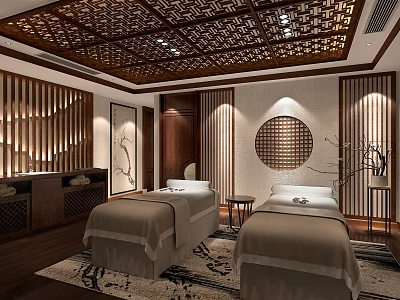 Traditional SPA Sauna Interior with Wooden Lattice Ceiling Massage Beds and Circular Decor 3d model
