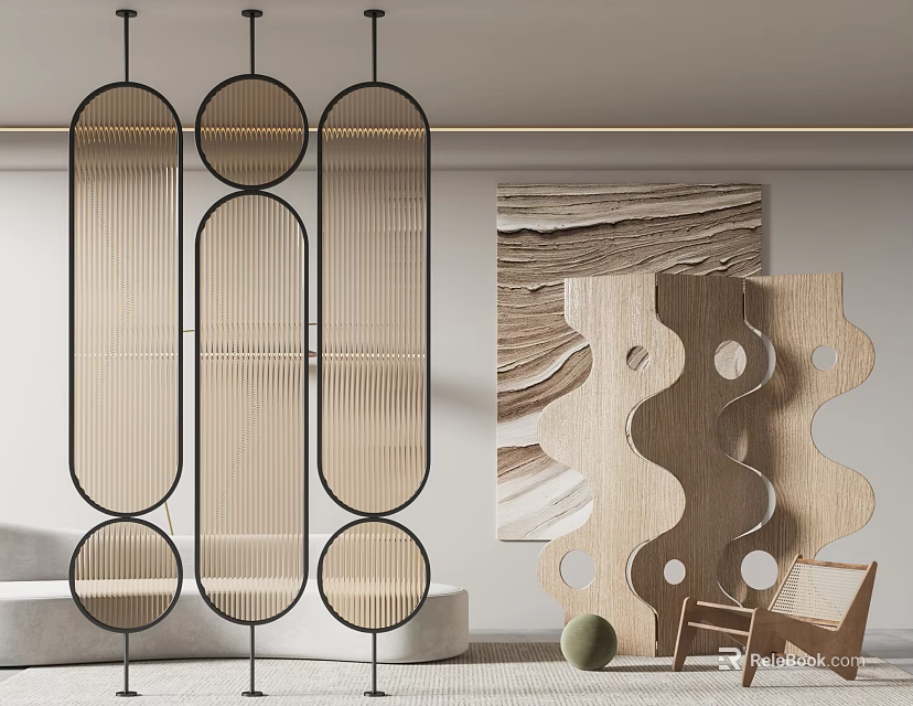 Modern Geometric Screen Design With Wooden Slats And Circular Patterns In Living Interior 3d model 