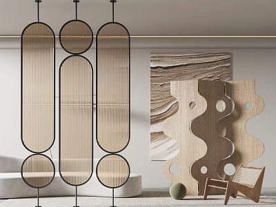 Modern Geometric Screen Design With Wooden Slats And Circular Patterns In Living Interior 3d model