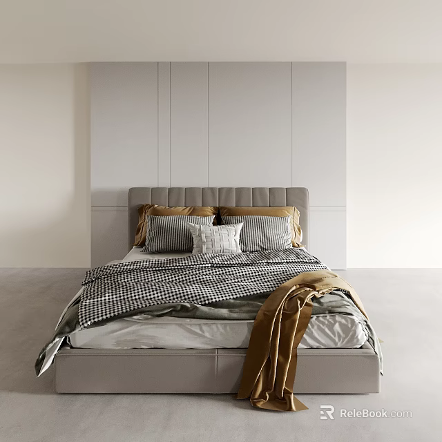 Modern Double Bed with Gray Headboard Checkered Blanket and Brown Throw Pillows in Minimalist Bedroom 3d model 
