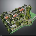 Scenic Residential Area With Red Roof Buildings Trees Roads And Water Body
