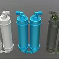 Different Colored Water Filter Pairs With Cylindrical Design And Connection Valves