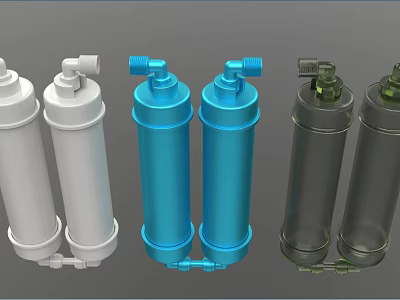 Different Colored Water Filter Pairs With Cylindrical Design And Connection Valves 3d model