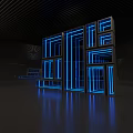 Modern Photo Spot With Illuminated Blue Geometric Frames And Reflective Floor