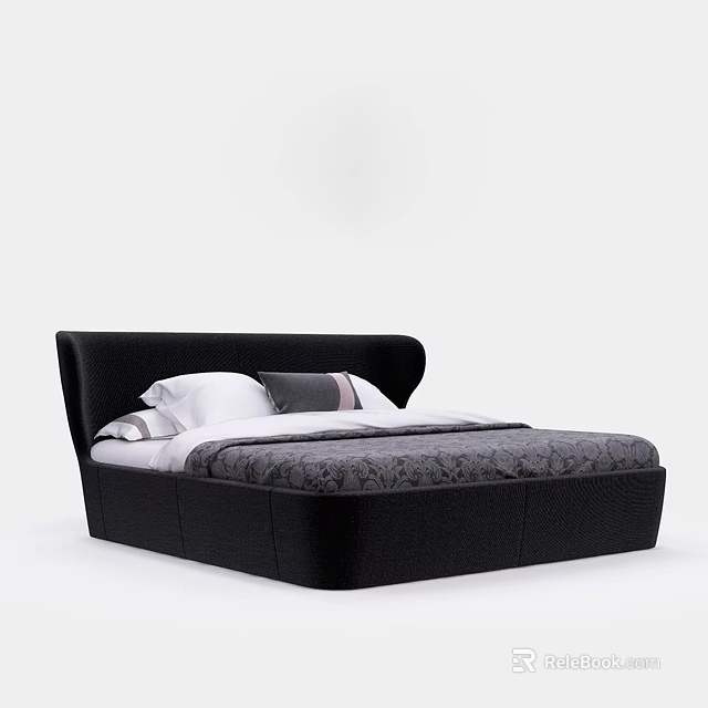 Modern Black Upholstered Double Bed With Soft Bedding And Decorative Pillows 3d model