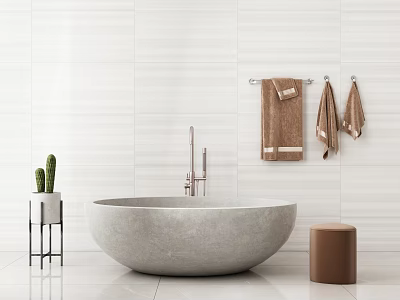Round Stone Bathtub In Bathroom With White Tiled Wall Brown Towels And Small Stool 3d model