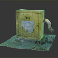 Yellow Gas Utility Box With Damaged Surface And Curved Pipe On Mossy Earth Base