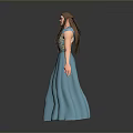 Woman With Long Hair Wearing Blue Dress Featuring Floral Pattern On Simple Gray Background