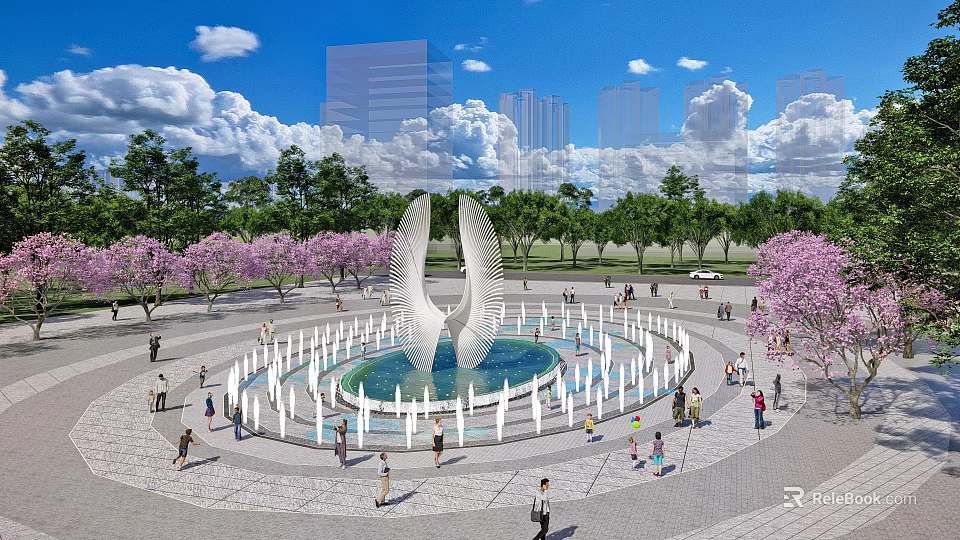 Park Landscape With Circular Fountain White Sculpture Pink Flowering Trees People Enjoying City Skyline 3d model 