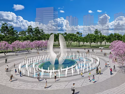 Park Landscape With Circular Fountain White Sculpture Pink Flowering Trees People Enjoying City Skyline 3d model