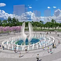 Park Landscape With Circular Fountain White Sculpture Pink Flowering Trees People Enjoying City Skyline