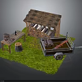 Rustic Outdoor Scene With Wooden Shed Stacked Logs Workbench Stump And Trailer On Green Grass