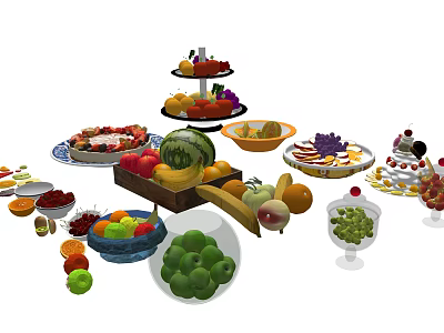 Fresh Assorted Fruits Displayed On Plates Bowls Trays And Tiered Stands 3d model