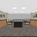 Modern Conference Room Interior With Long Table Black Beige Chairs Square Ceiling Lights Geometric Pattern Carpet