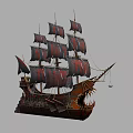 Vintage Wooden Sailing Ship with Red and Black Sails and Carved Dragon Head Bow