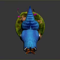 Blue Cartoon Dinosaur With Butterfly On Head On Green Grass Orange Flowers Pink Blades
