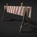 Red And White Striped Road Barrier With Wooden Support Stands And Yellow Warning Lights