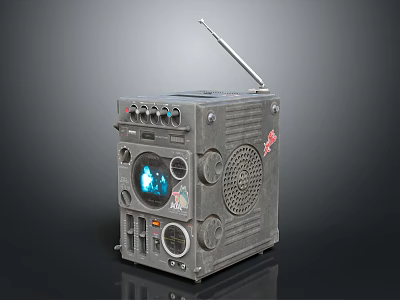 Vintage Computer Device with Antenna Blue Screen Multiple Ports Knobs and Speaker in Retro Style 3d model