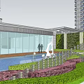 Modern Sales Office Building With Glass Curtain Walls Contemporary Roof Design Surrounding Landscaping and Driveway