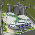 Modern Urban Architecture Complex With Skyscrapers And Curved Commercial Building