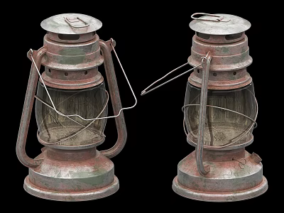 Vintage Kerosene Lamps With Rustic Metal Frames And Glass Shades Pair 3d model