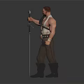 Shirtless Muscular Game Movie Character With Shoulder Armor Long Sword Leather Pants And Boots