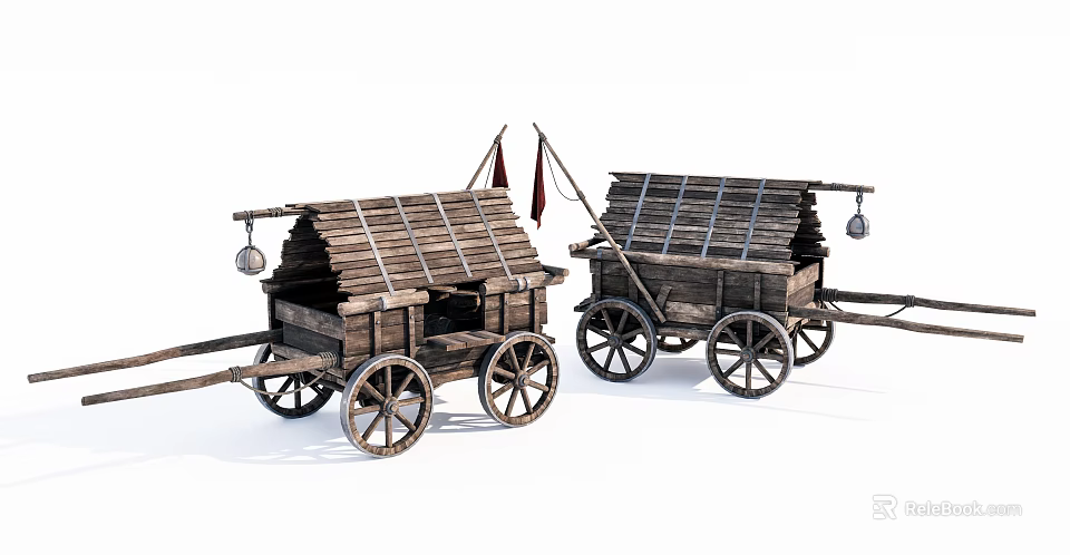 Ancient Wooden Carts With Thatch Roofs Wooden Wheels Flags And Bells 3d model 
