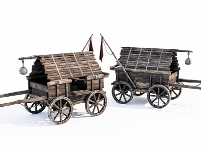 Ancient Wooden Carts With Thatch Roofs Wooden Wheels Flags And Bells 3d model