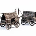 Ancient Wooden Carts With Thatch Roofs Wooden Wheels Flags And Bells