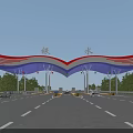 Yinshui Toll Station Featuring Unique Red White Blue Roof With Vehicles Passing Under Sky
