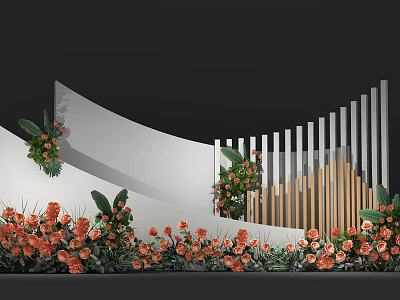 Floral Display With Orange Flowers Green Foliage Curved White Wall And Vertical Slats 3d model