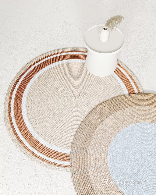 Round Woven Rugs With Beige Brown White Stripes And Light Blue Accent 3d model 