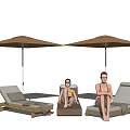 Outdoor Lounge Chairs With Umbrellas And People Relaxing In Comfortable Patio Setting