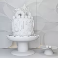 Chocolate Cake With Drizzle Toppings Golden Decor On Glass Stand And Geometric Background