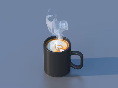 Steaming Latte Coffee In Black Mug With Artistic Foam Design 3d model