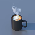 Steaming Latte Coffee In Black Mug With Artistic Foam Design