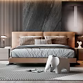 Modern Bedroom Interior With Marble Wall Upholstered Headboard Green Accent Chair And Wardrobe