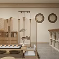 Modern Clothing Store Interior With Stone Desk Grid Wall And Wooden Rack