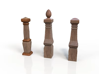 Wooden Architectural Columns Featuring Three Different Top Designs And Carved Details 3d model