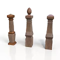 Wooden Architectural Columns Featuring Three Different Top Designs And Carved Details