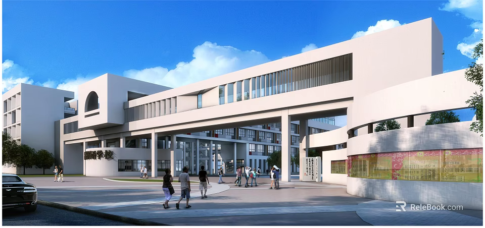 Modern School Building With White Exterior Large Glass Windows Main Entrance And People Walking Around 3d model 