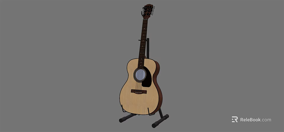 Acoustic Guitar With Natural Wooden Body On Black Stand 3d model 