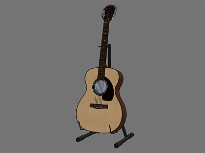 Acoustic Guitar With Natural Wooden Body On Black Stand 3d model
